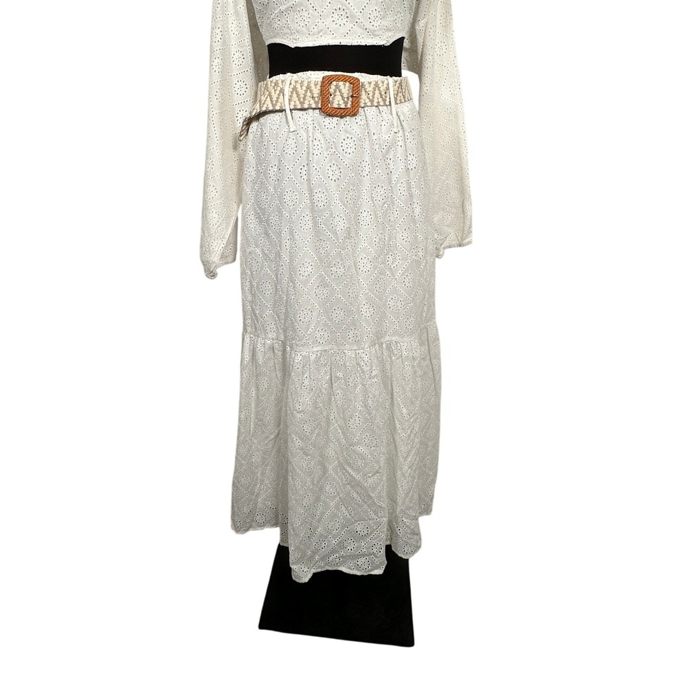 Boho Festival Maxi Skirt White Eyelet Tiered Belted Lightweight Resortwear XS